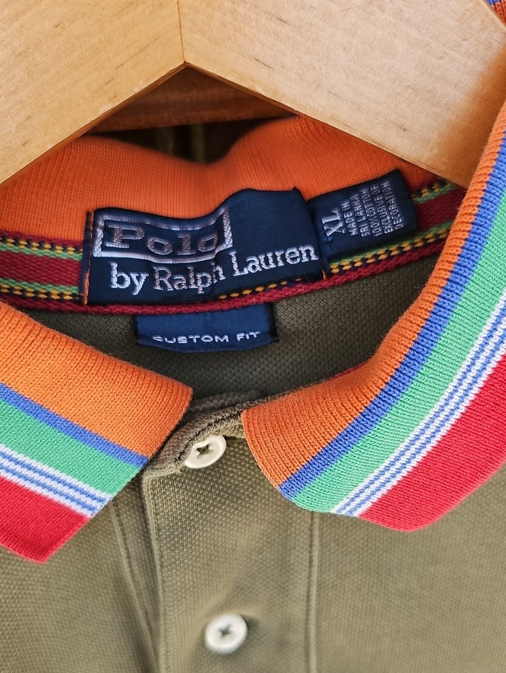 Ralph Lauren Olive Polo with Multi-Color Striped Collar
